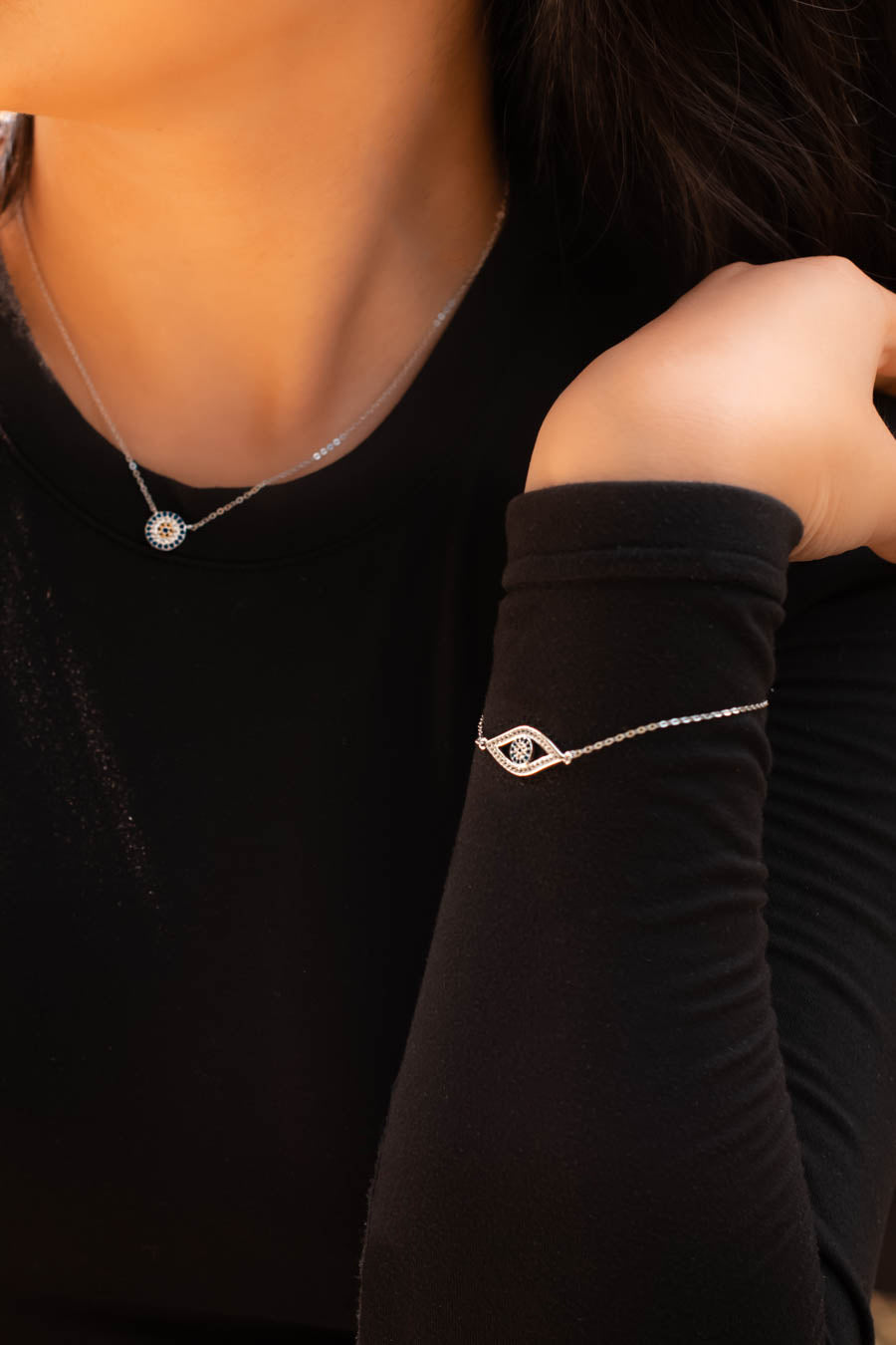 Evil eye bracelet on model