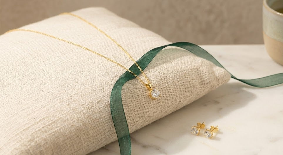 Gold solitaire necklace and stud earrings on a linen cushion in soft morning light — The Beauty of a Pure Practice