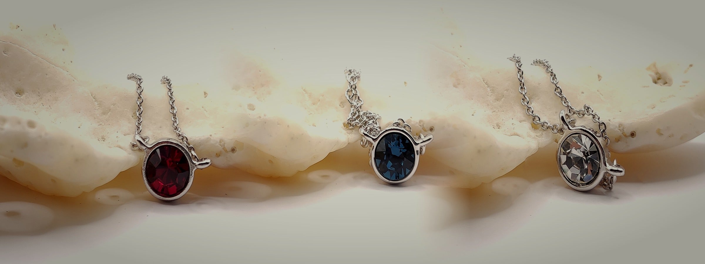 Birthstone Pendant Necklace Collection — Ruby, Montana, Diamond bezel pendants